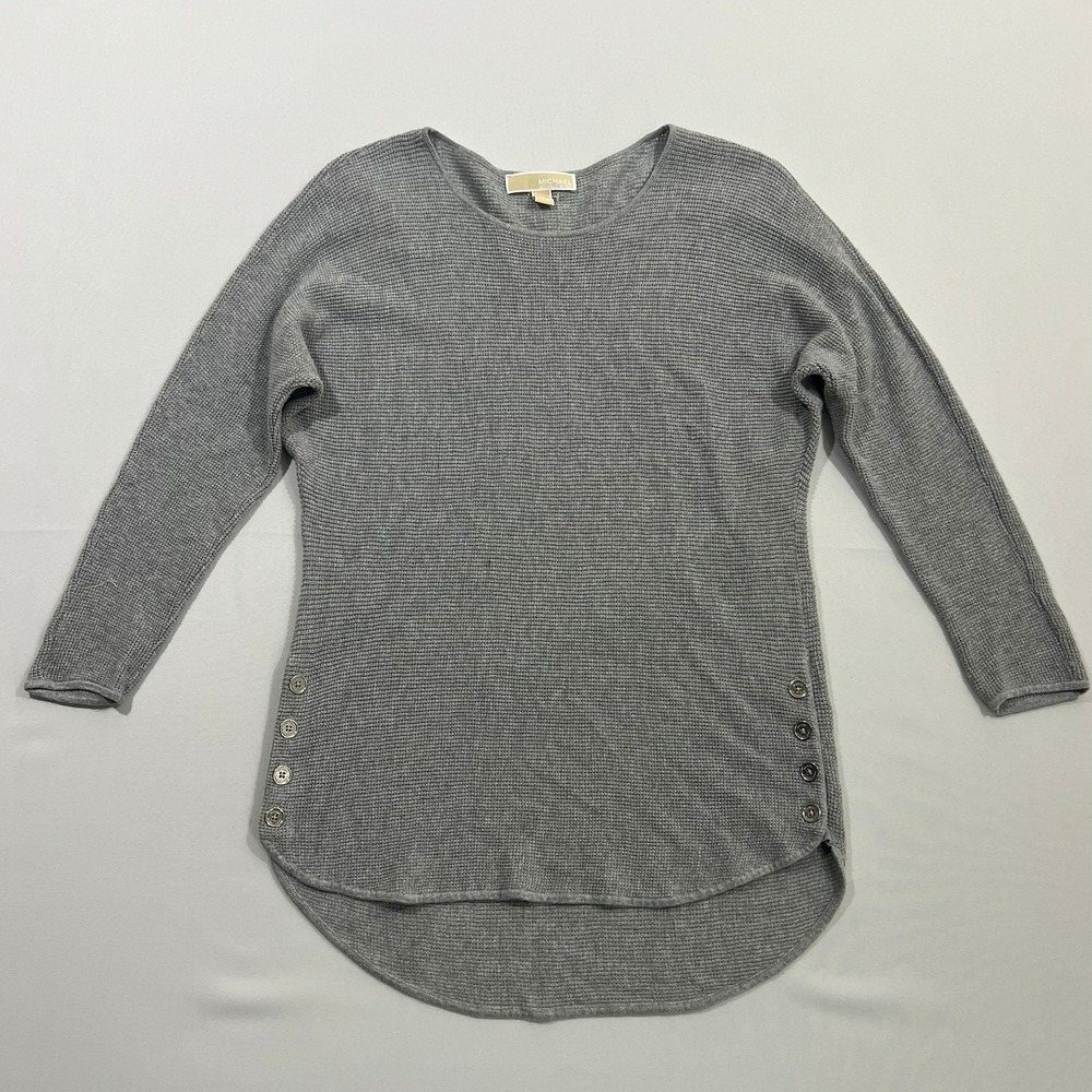 Michael Michael Kors Waffle Knit Sweater Button Side High Low Grey Womens Size S